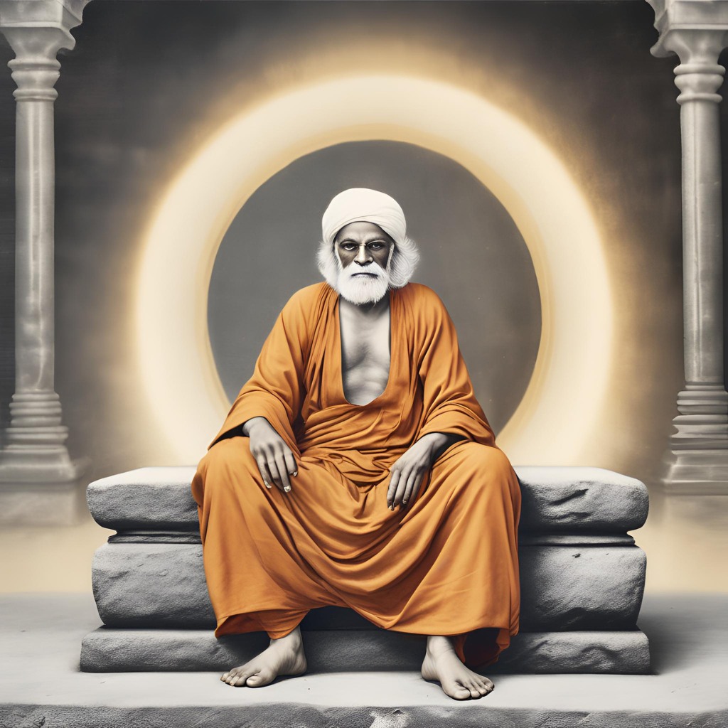 A serene depiction of Sai Baba seated on a throne with a peaceful aura surrounding him.