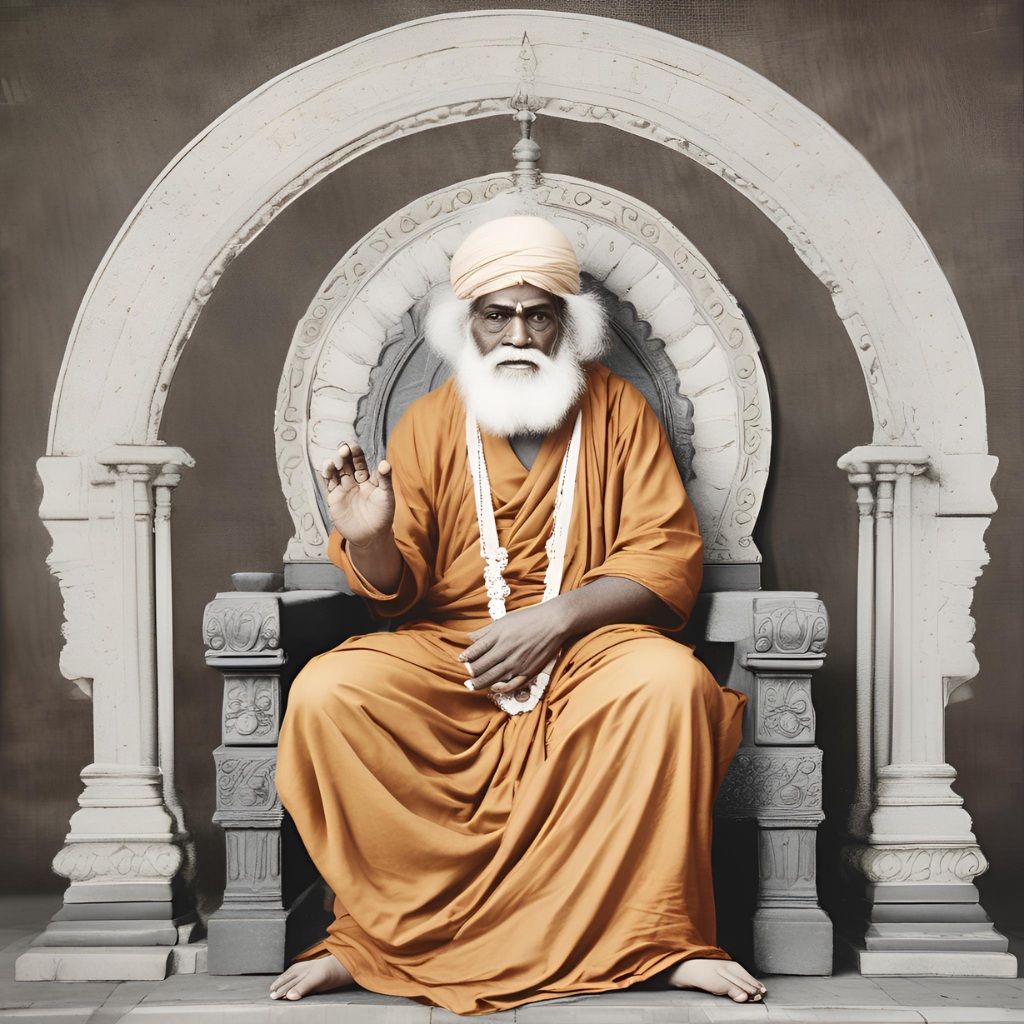 A serene depiction of Sai Baba seated on a throne with a peaceful aura surrounding him.