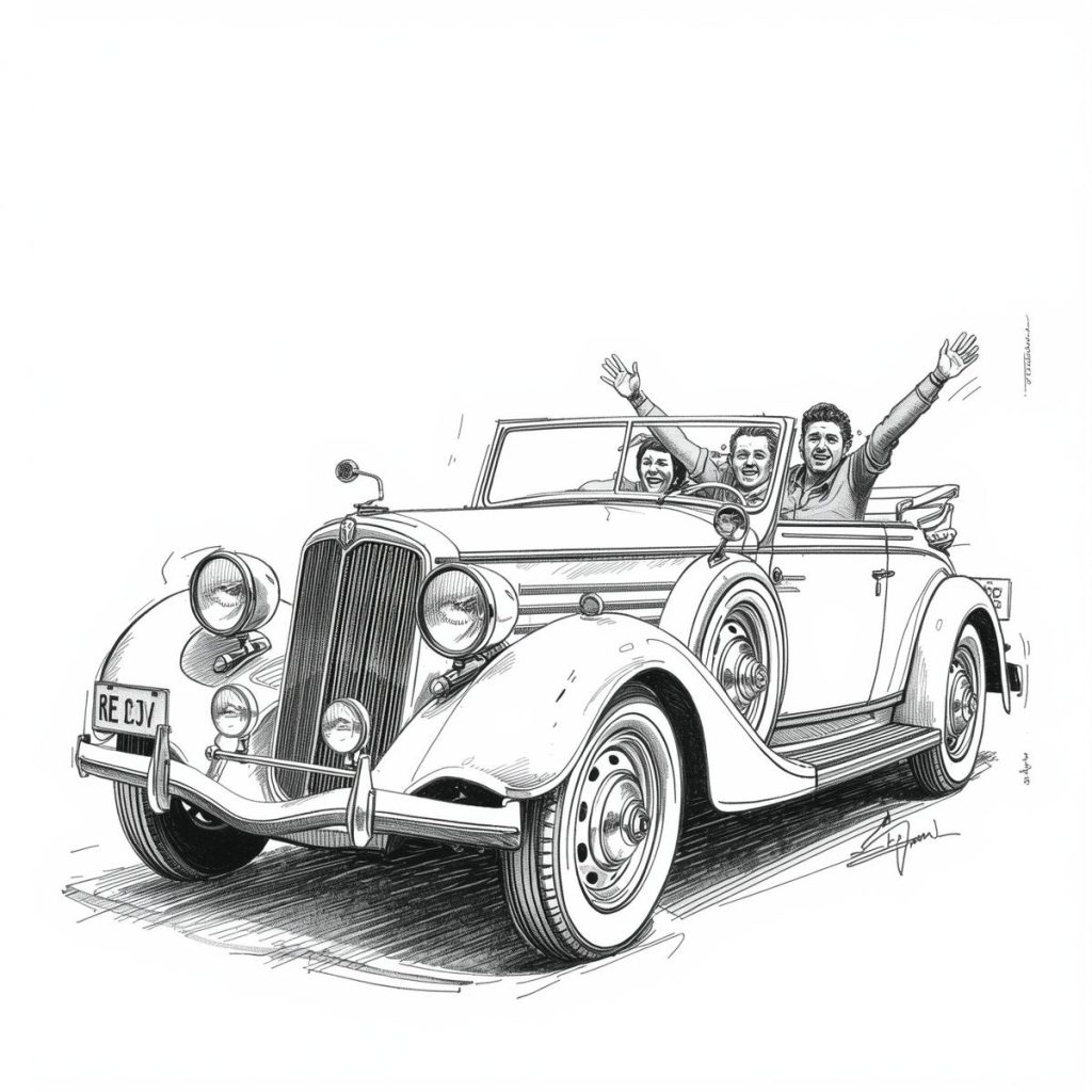 A sketch of a convertible car with passengers waving happily