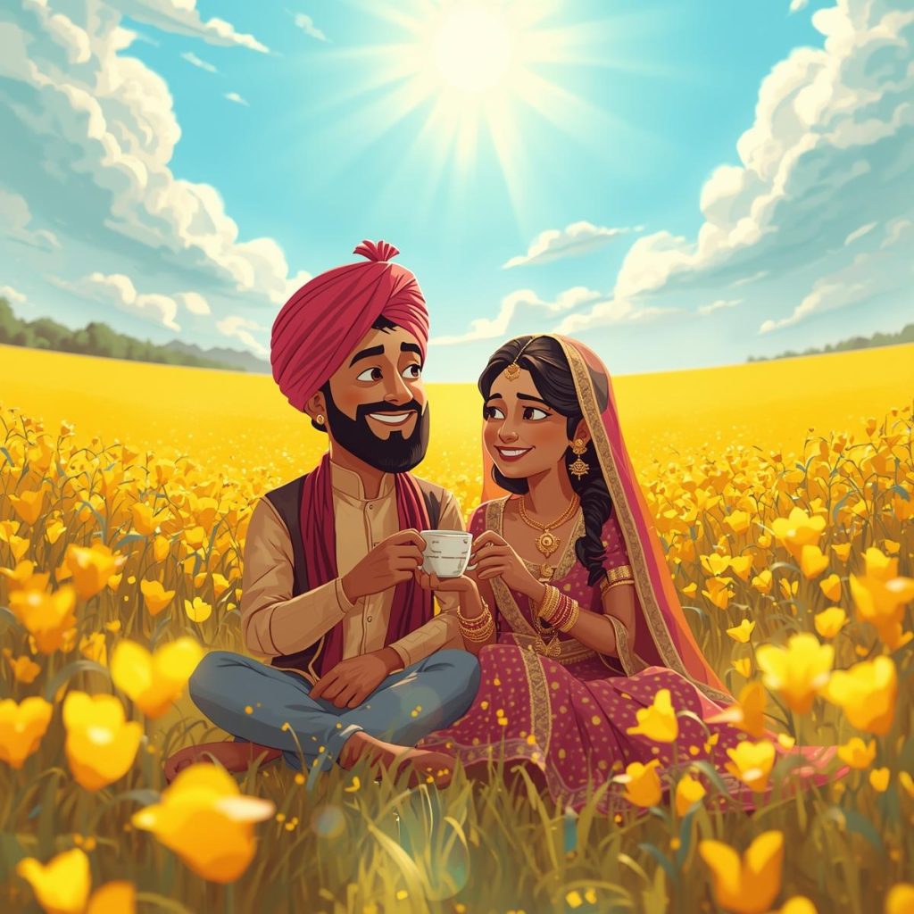 A smiling couple relaxes in a golden mustard field, sipping tea together.