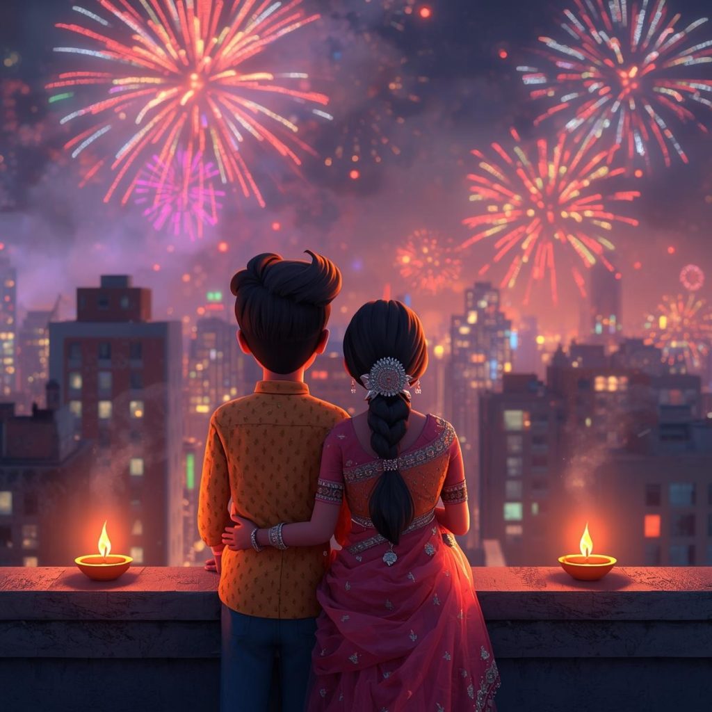 A smiling couple stands on a rooftop under sparkling fireworks, holding diyas.