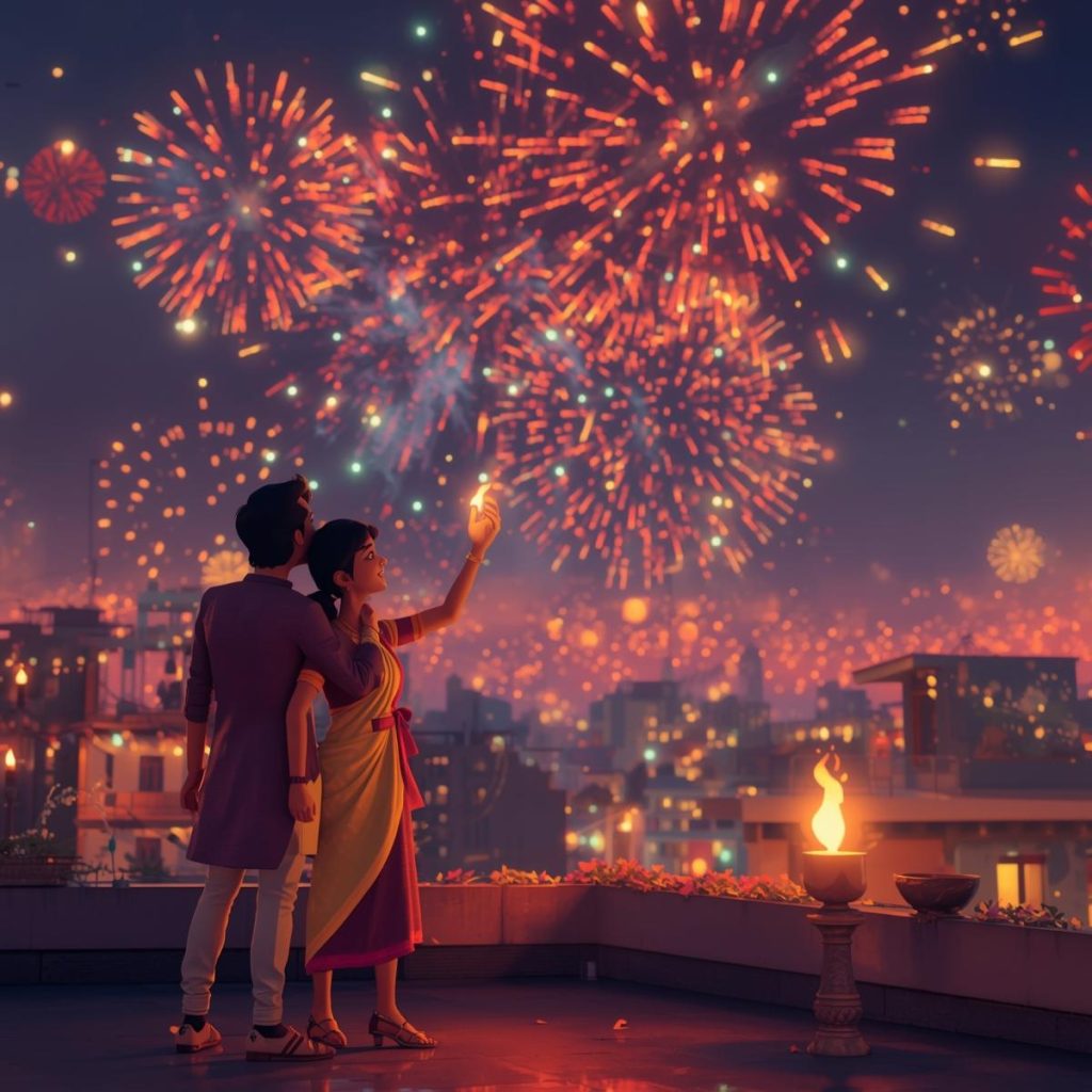 A smiling couple stands on a rooftop under sparkling fireworks, holding diyas.