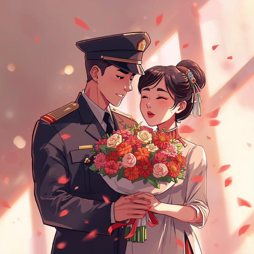 A soldier greets his smiling wife with flowers after a long deployment.