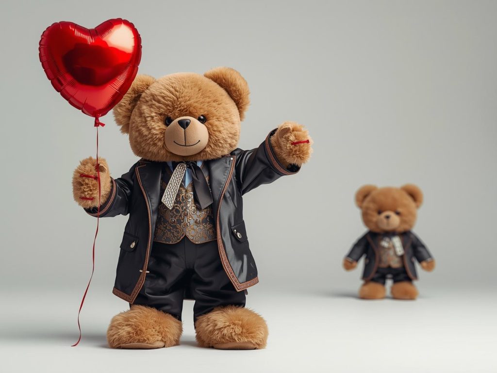 A teddy bear holding a heart-shaped balloon and waving