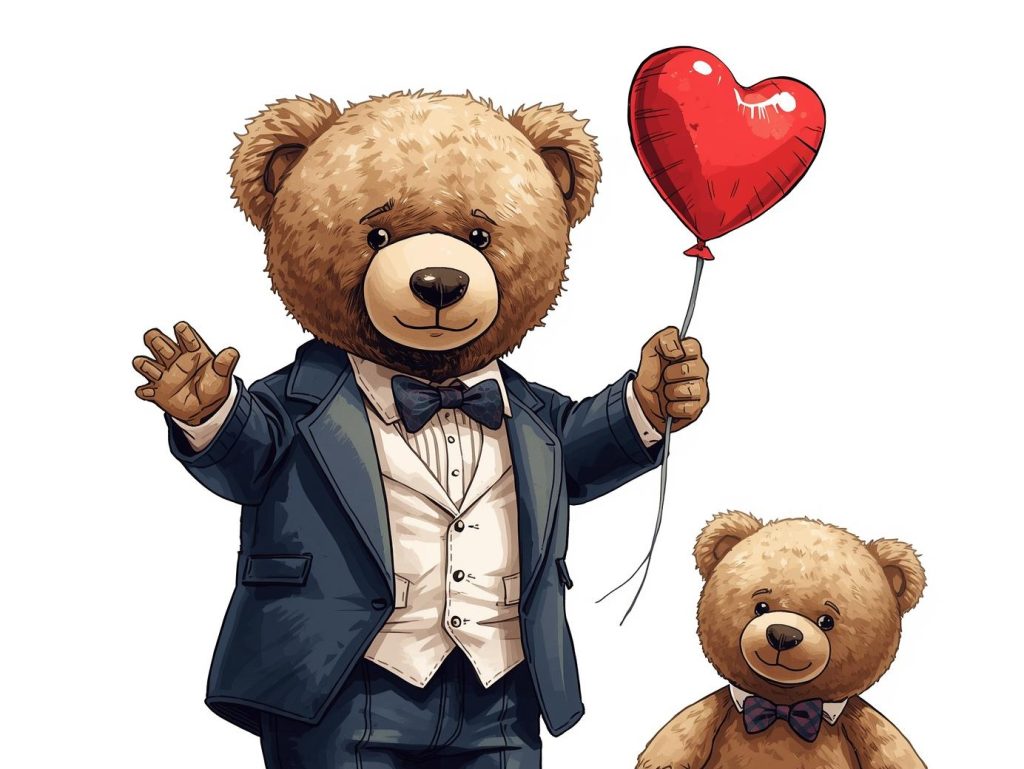 A teddy bear holding a heart-shaped balloon and waving