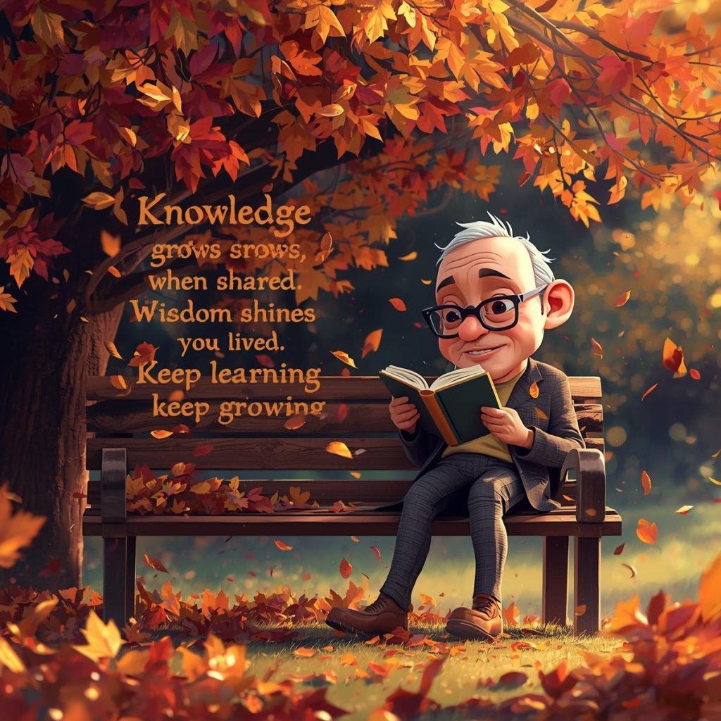 Cheerful Cartoon Characters with Glasses: Good Morning, Quotes & Wishes 7 A thoughtful cartoon character with glasses reads a book on a park bench while autumn leaves fall.