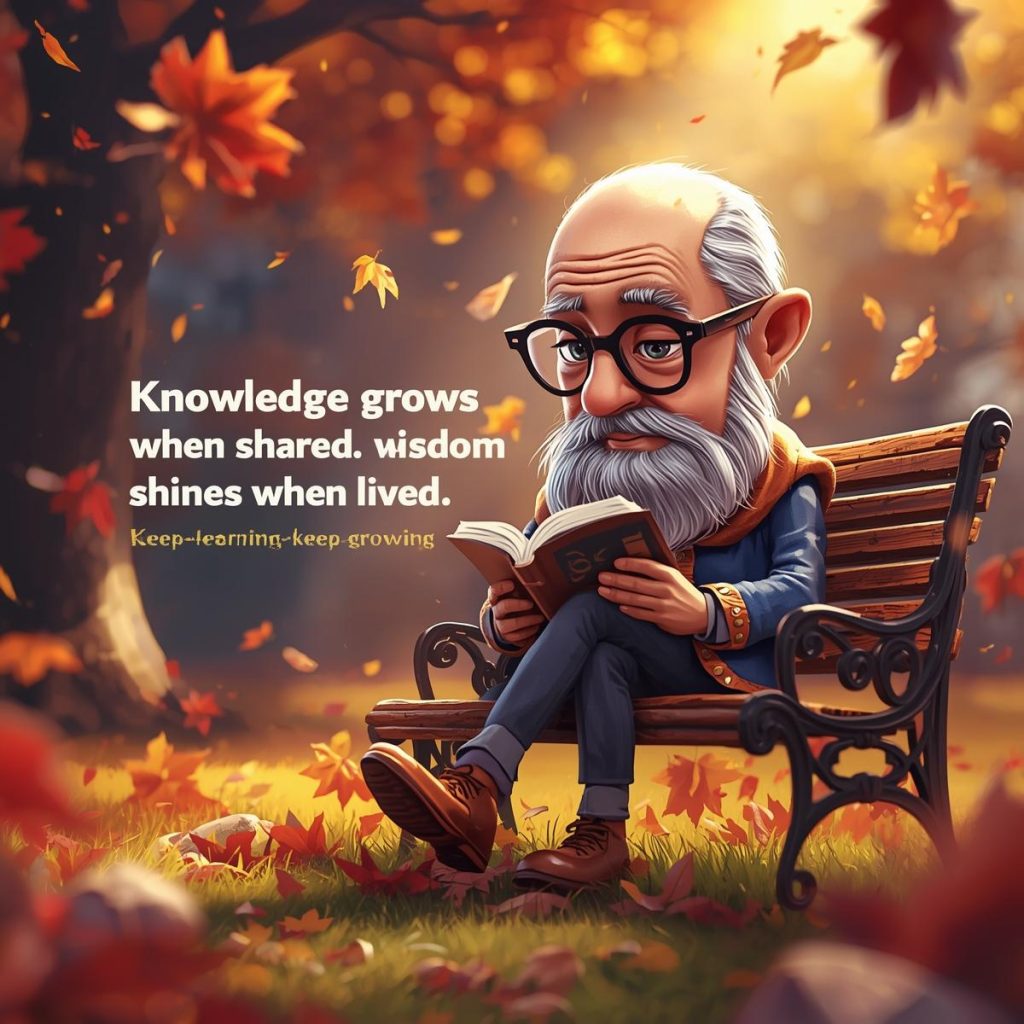 Cheerful Cartoon Characters with Glasses: Good Morning, Quotes & Wishes 6 A thoughtful cartoon character with glasses reads a book on a park bench while autumn leaves fall.