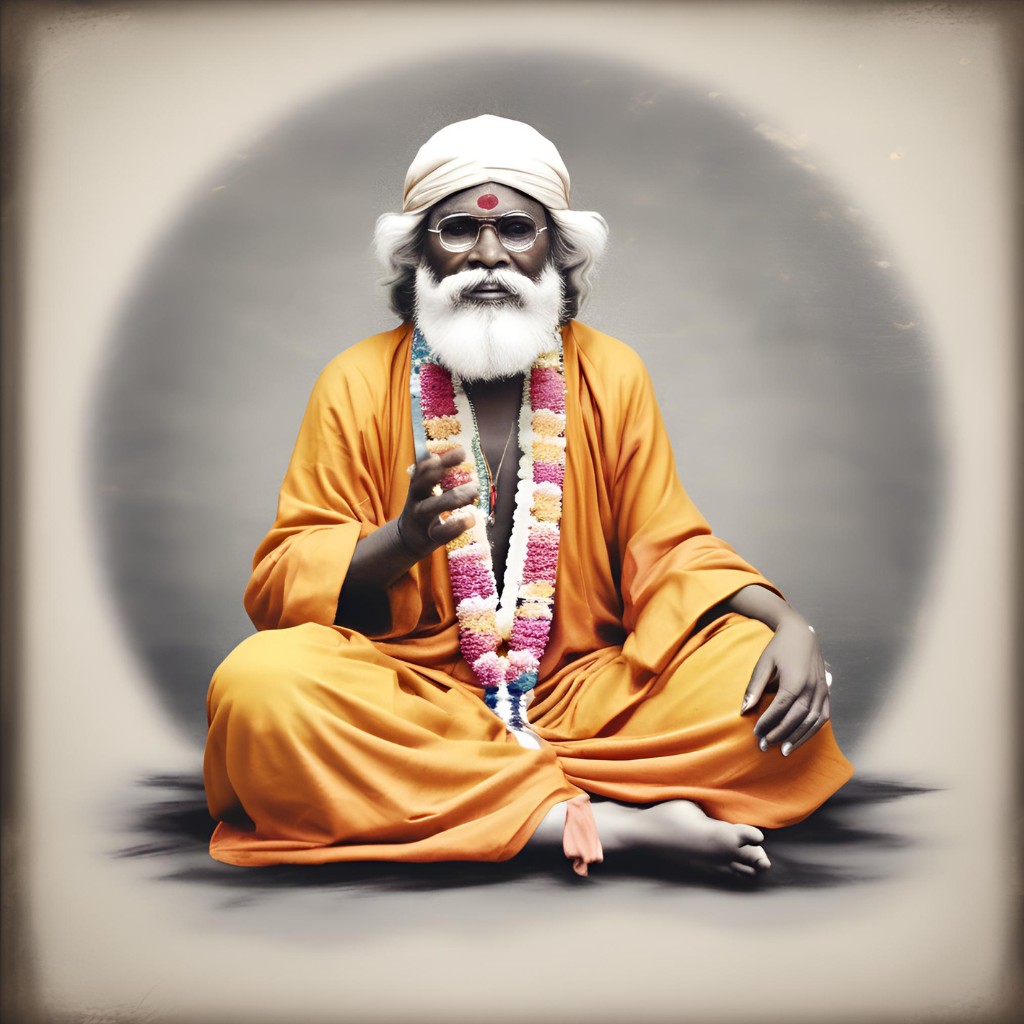 A vibrant, modern interpretation of Sai Baba, surrounded by light.
