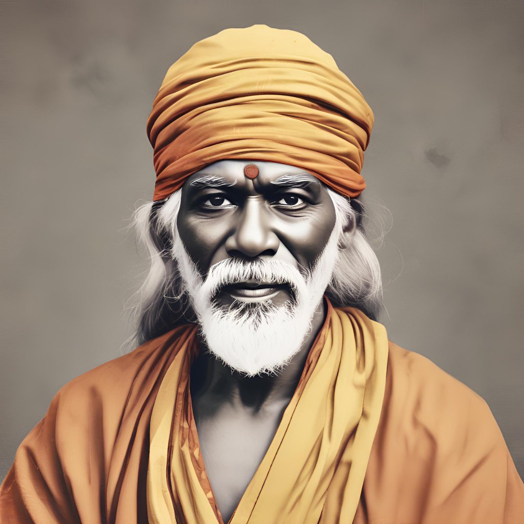 A vibrant, modern interpretation of Sai Baba, surrounded by light.