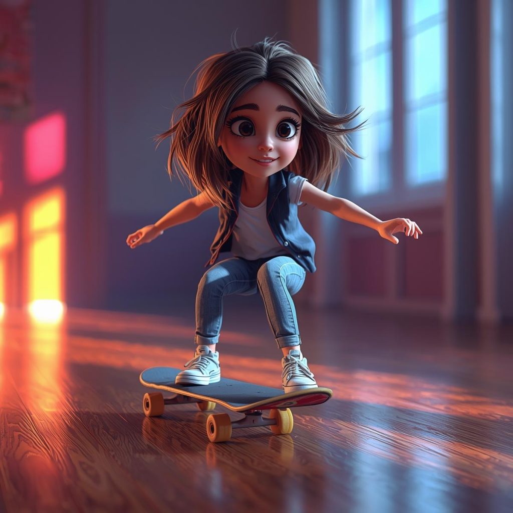 A wild-haired girl skates recklessly through her living room with a grin.