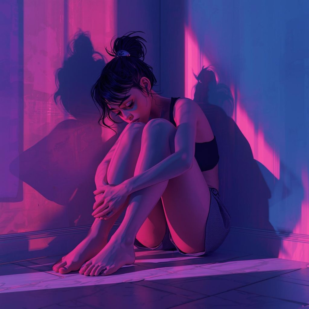 A woman sits curled in a corner, hugging her knees.