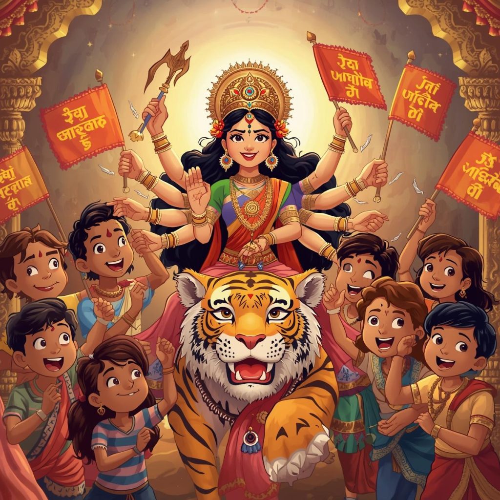 Cute cartoon Durga Maa with kids holding “Jai Mata Di” banners.