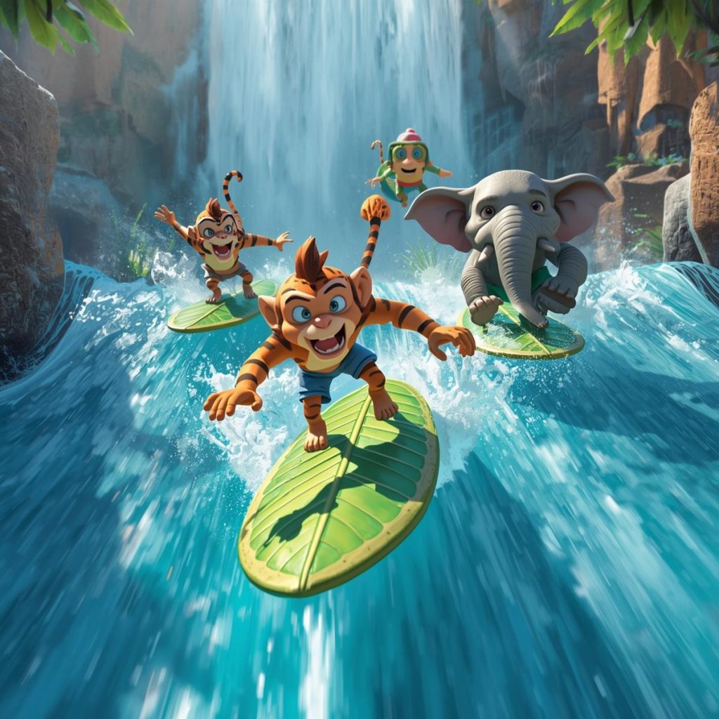 Animals sliding on big leaves down a rushing waterfall