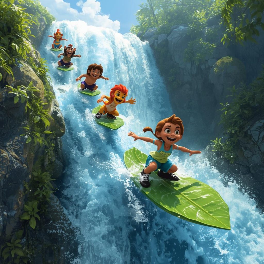Animals sliding on big leaves down a rushing waterfall