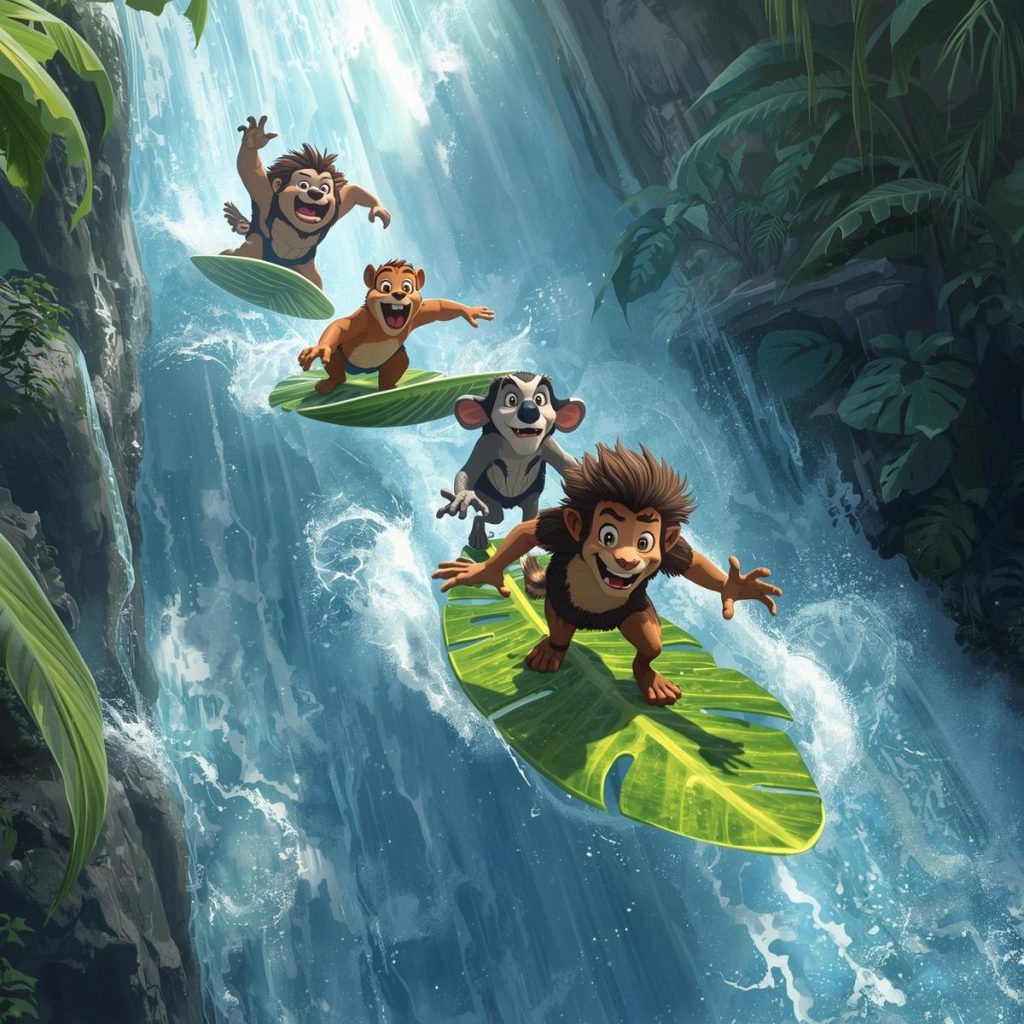 Animals sliding on big leaves down a rushing waterfall