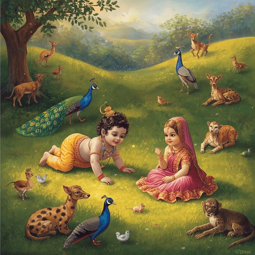 Baby Krishna and baby Radha crawling and sitting amidst playful animals in a joyful cartoon scene.