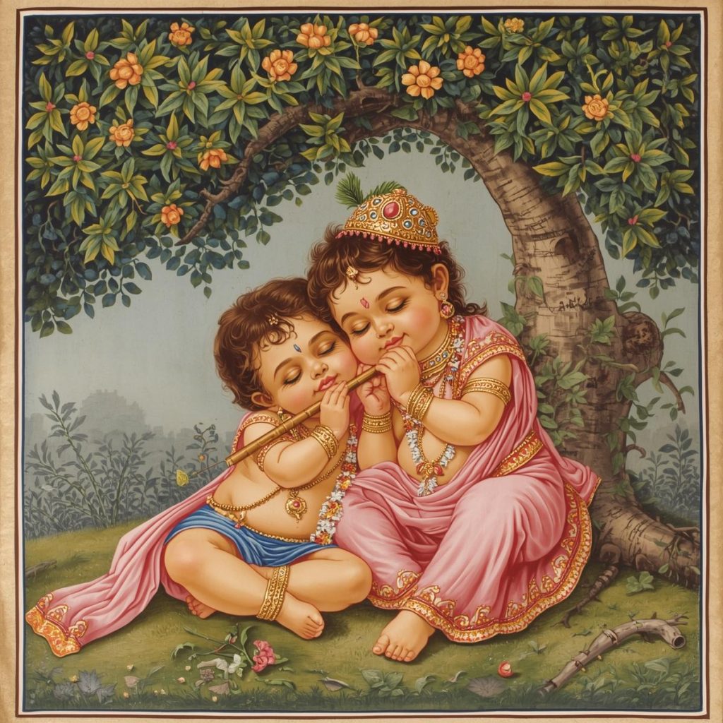 Baby Radha and Krishna sitting peacefully under a tree, enjoying each other's presence.