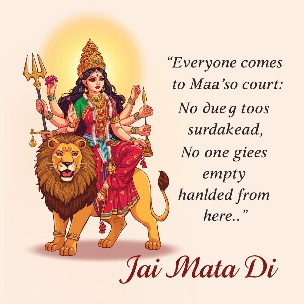 Cartoon Maa Durga with Hindi shayari and Jai Mata Di text.
