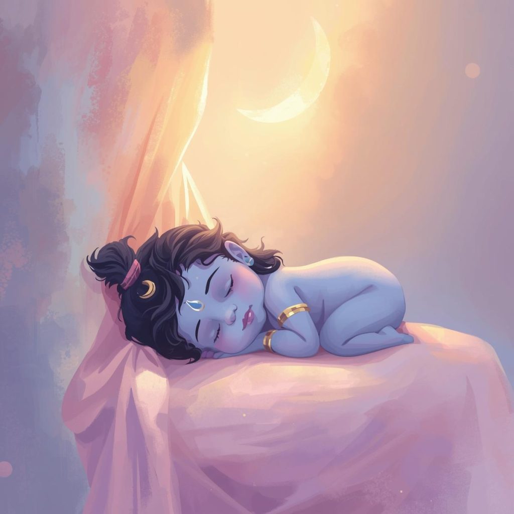 Cute baby Shiva cartoon resting on Parvati’s lap.