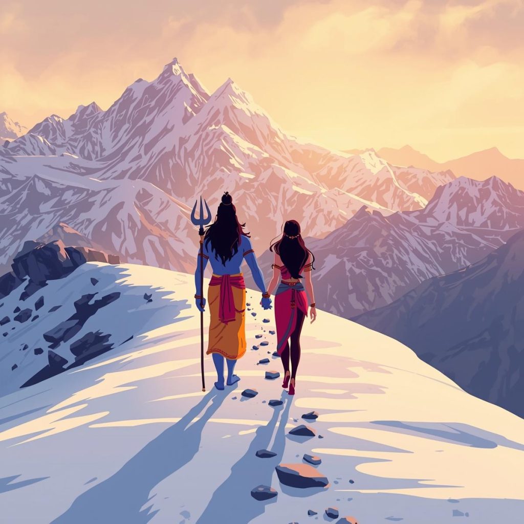 Cartoon Shiva and Parvati walking hand-in-hand in the Himalayas.