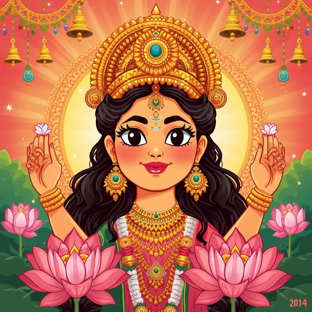 Cartoon festival poster with Durga Maa and “Jai Mata Di.