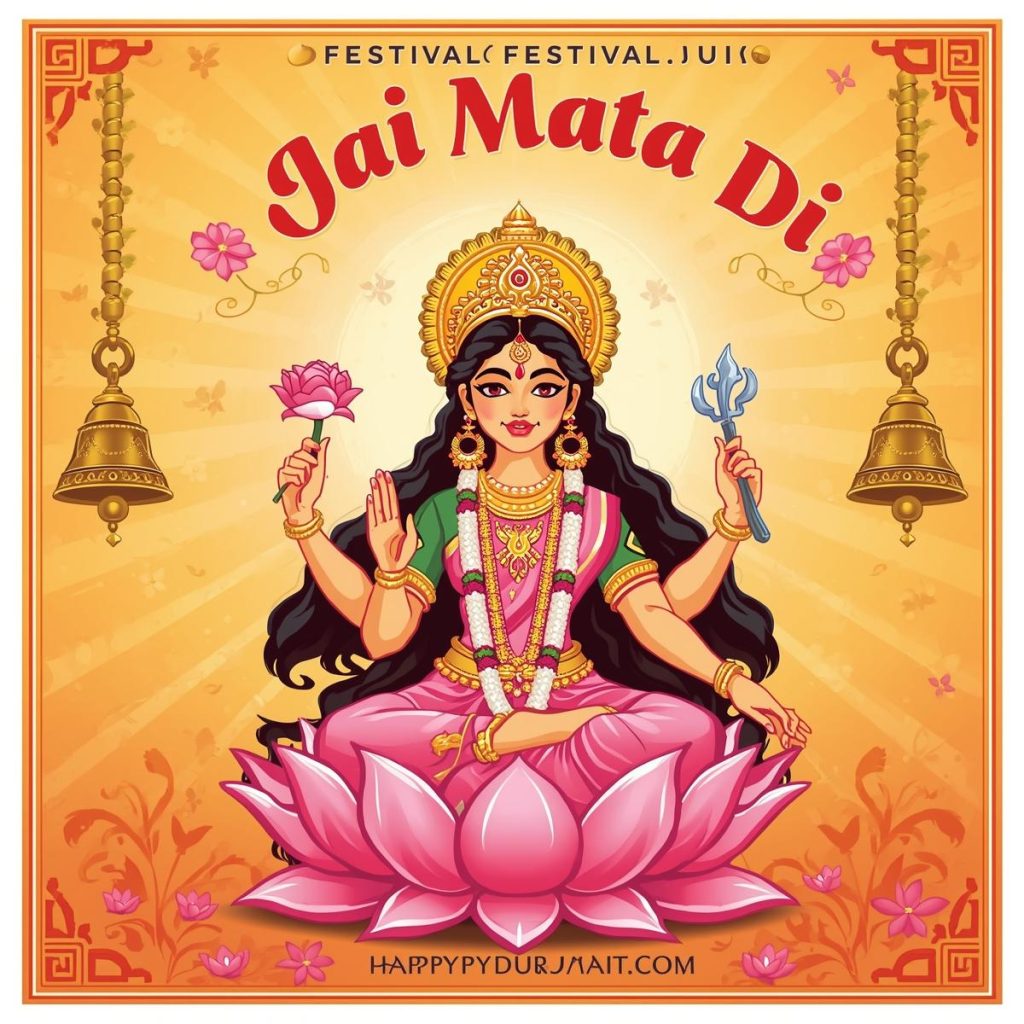 Cartoon festival poster with Durga Maa and “Jai Mata Di.