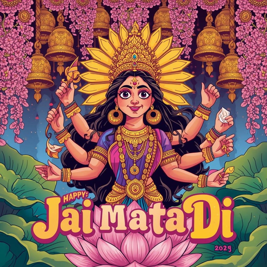 Cartoon festival poster with Durga Maa and “Jai Mata Di.