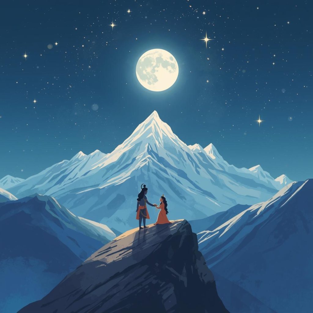 Cartoon Lord Shiva and Parvati holding hands with love under moonlight.