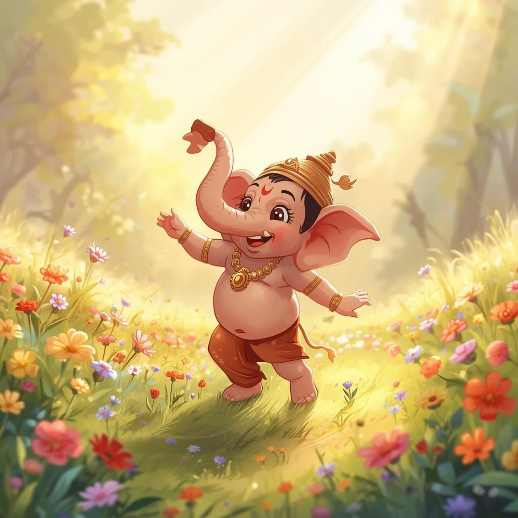 Cartoon of Bal Ganesh dancing among flowers