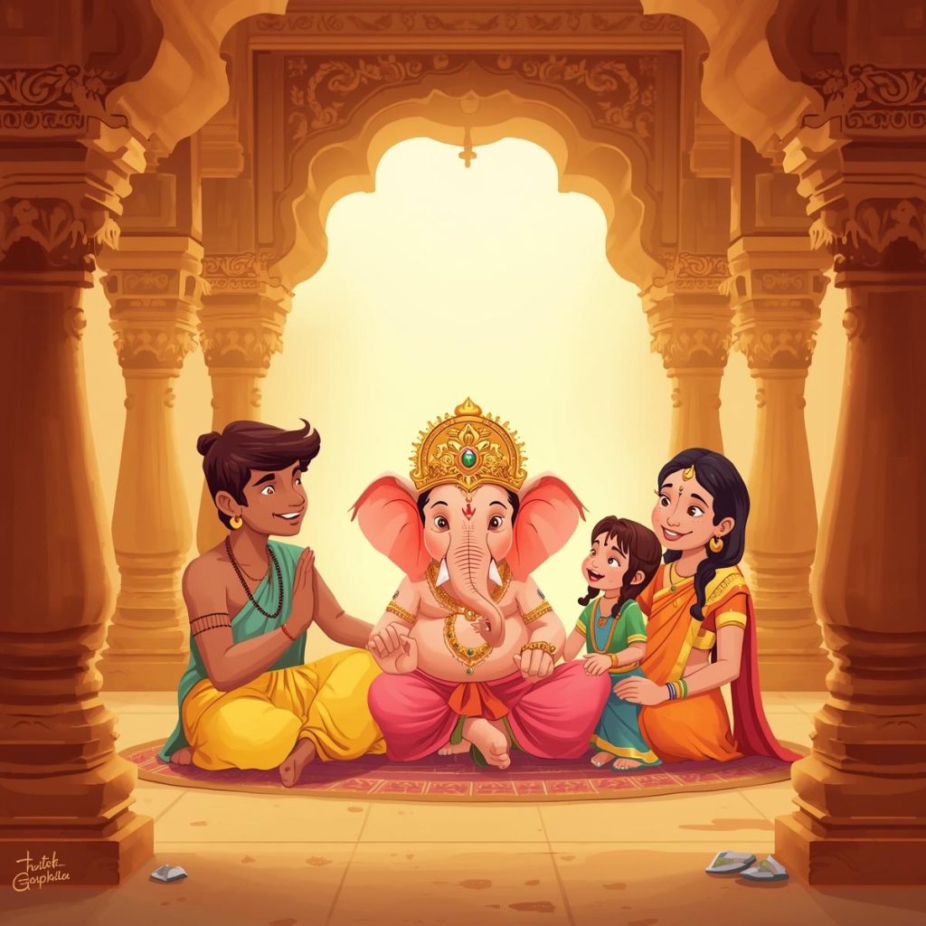 Cartoon of Bal Ganesh with family in a temple