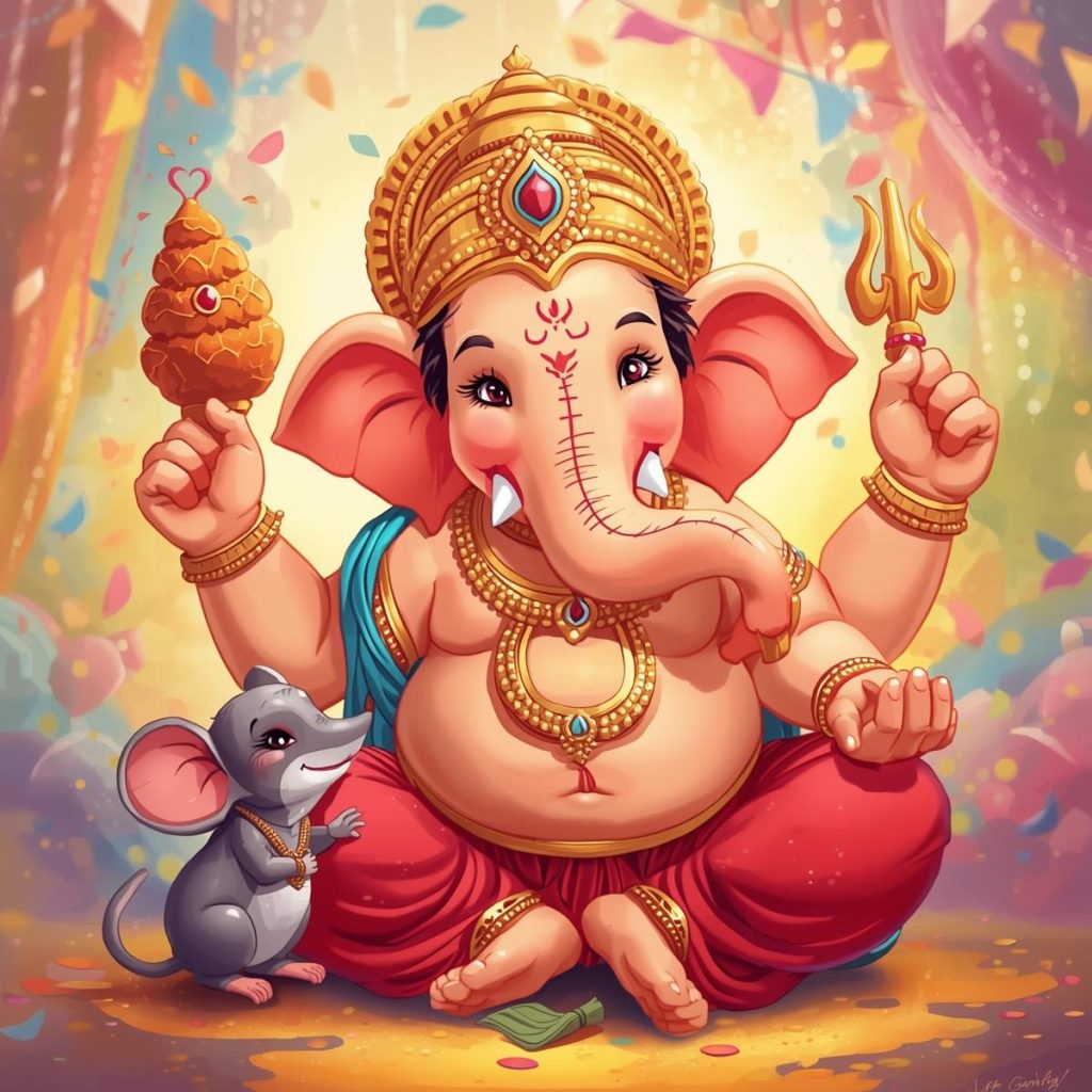Cartoon of Lord Ganesh holding a laddoo with his mouse companion.