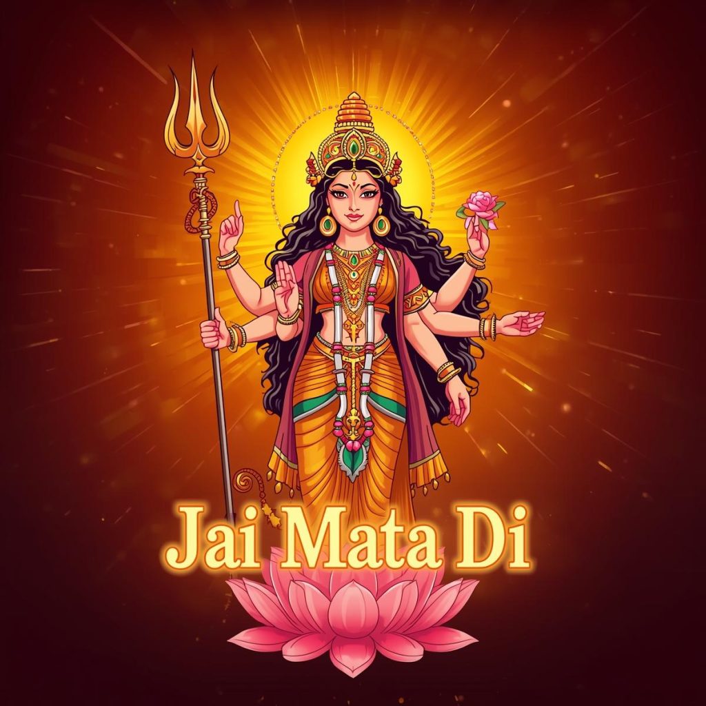 Cartoon Durga Maa with glowing aura and “Jai Mata Di” text.