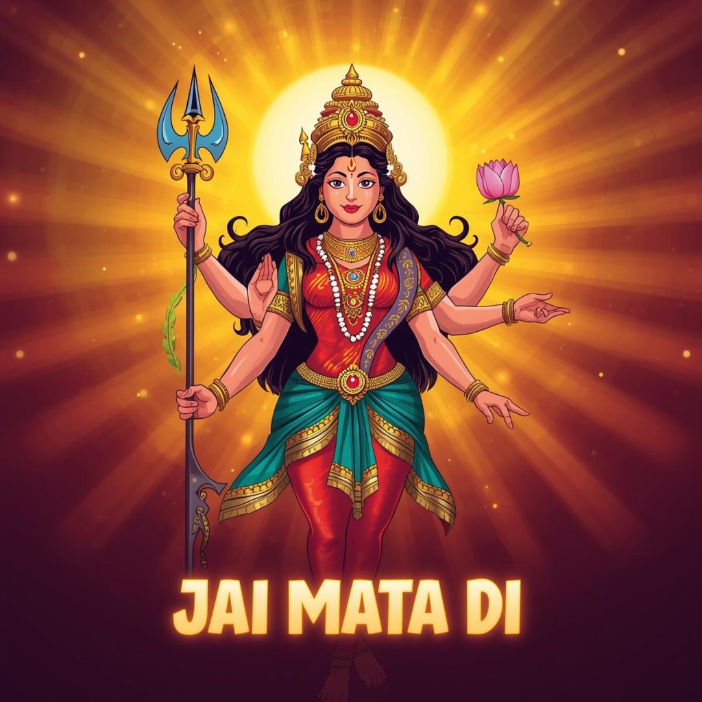 Cartoon Durga Maa with glowing aura and “Jai Mata Di” text.