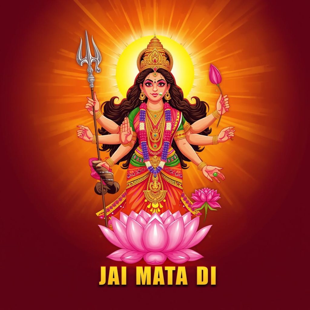 Cartoon Durga Maa with glowing aura and “Jai Mata Di” text.