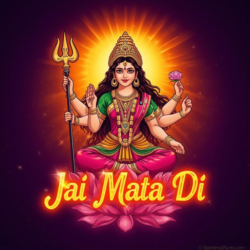 Cartoon Durga Maa with glowing aura and “Jai Mata Di” text.