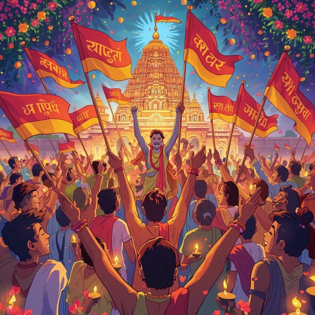 Cartoon of devotees in a temple chanting "Jai Mata Di" in Hindi with colorful flags.