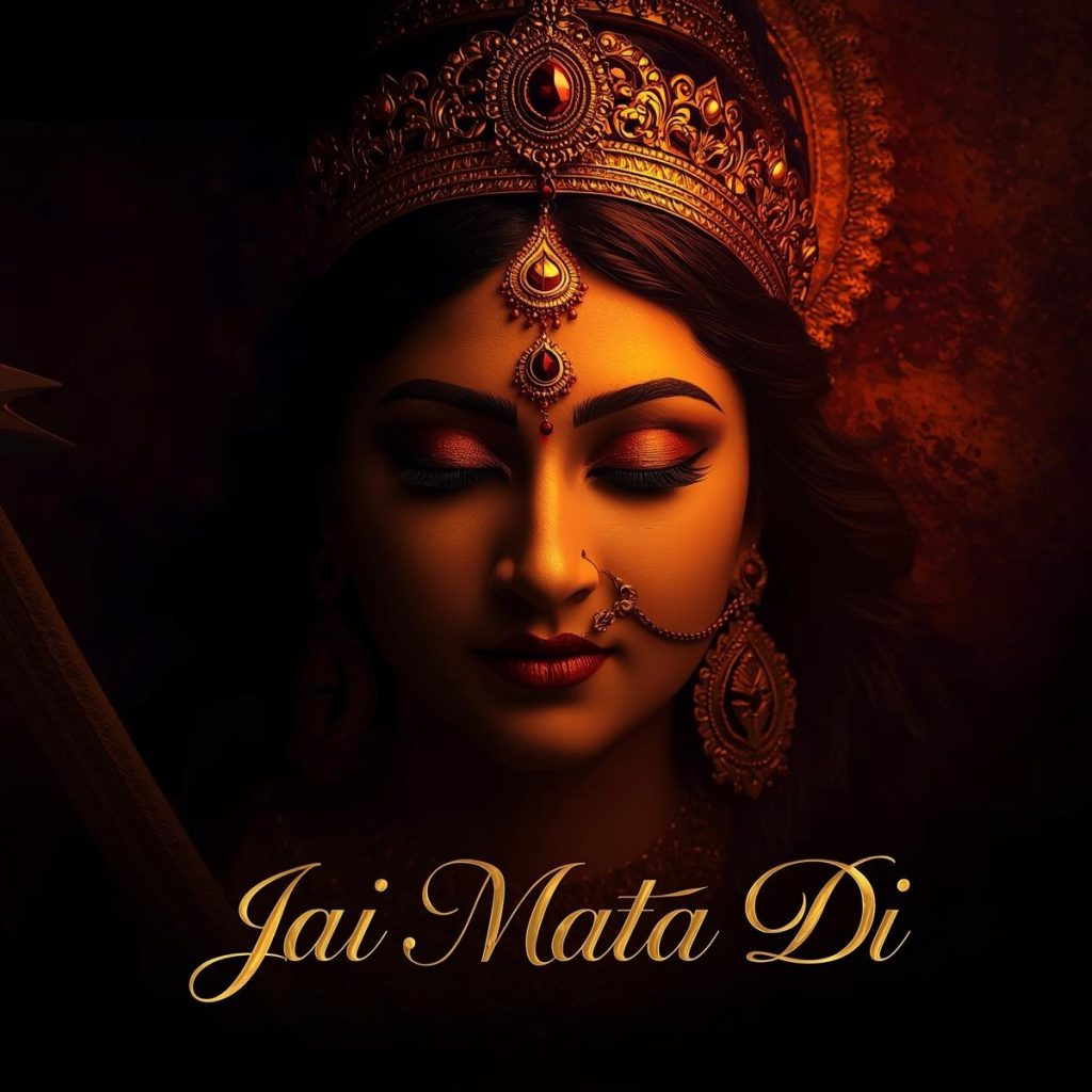 Close-up Durga Maa face with crown and trishul, Jai Mata Di text.
