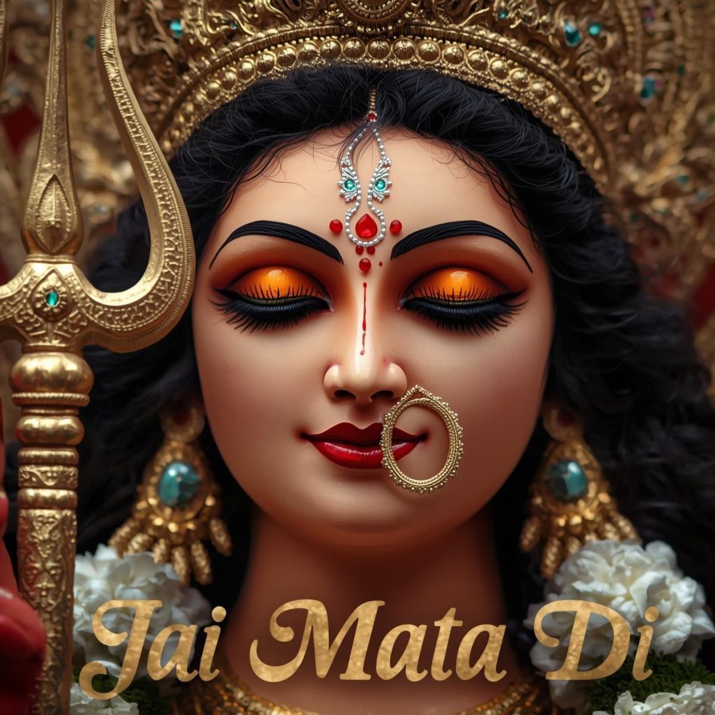 Close-up Durga Maa face with crown and trishul, Jai Mata Di text.
