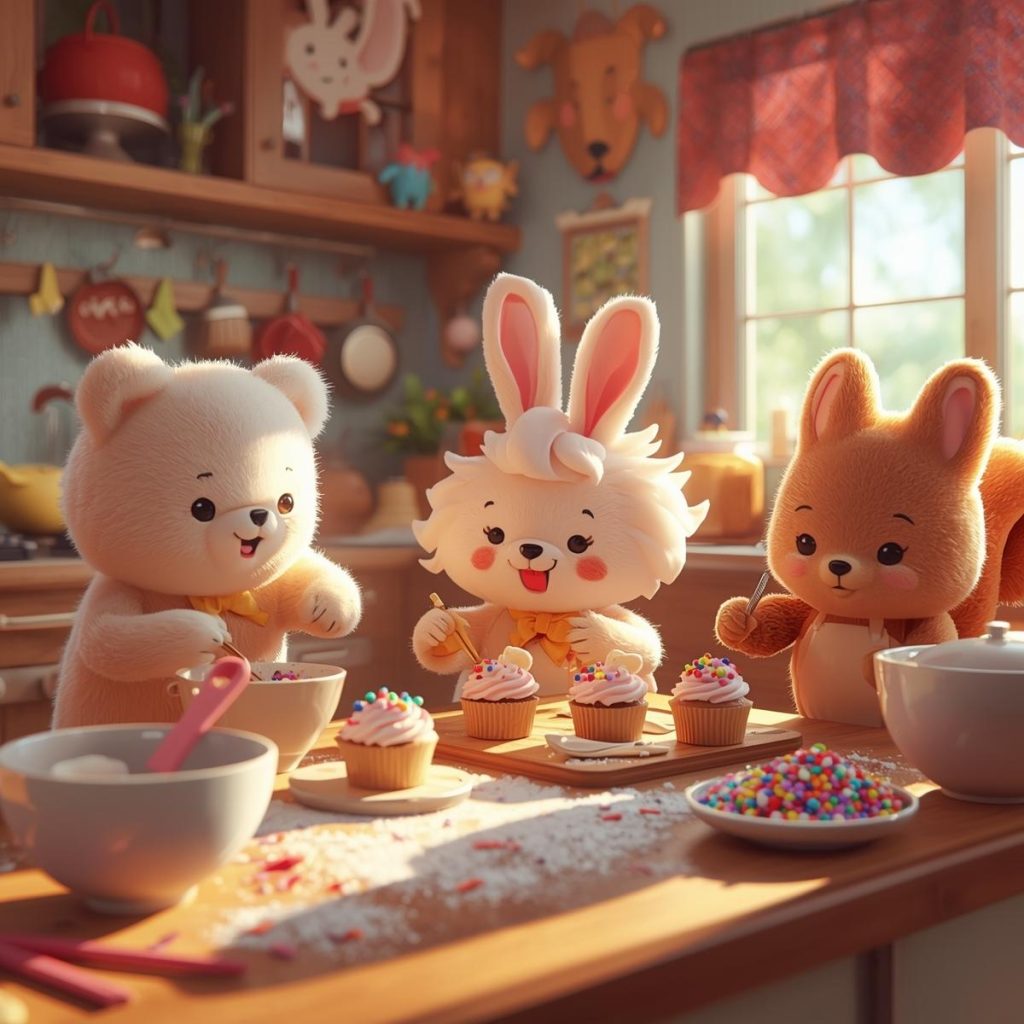 Cute animals frosting cupcakes together in a warm, colorful kitchen