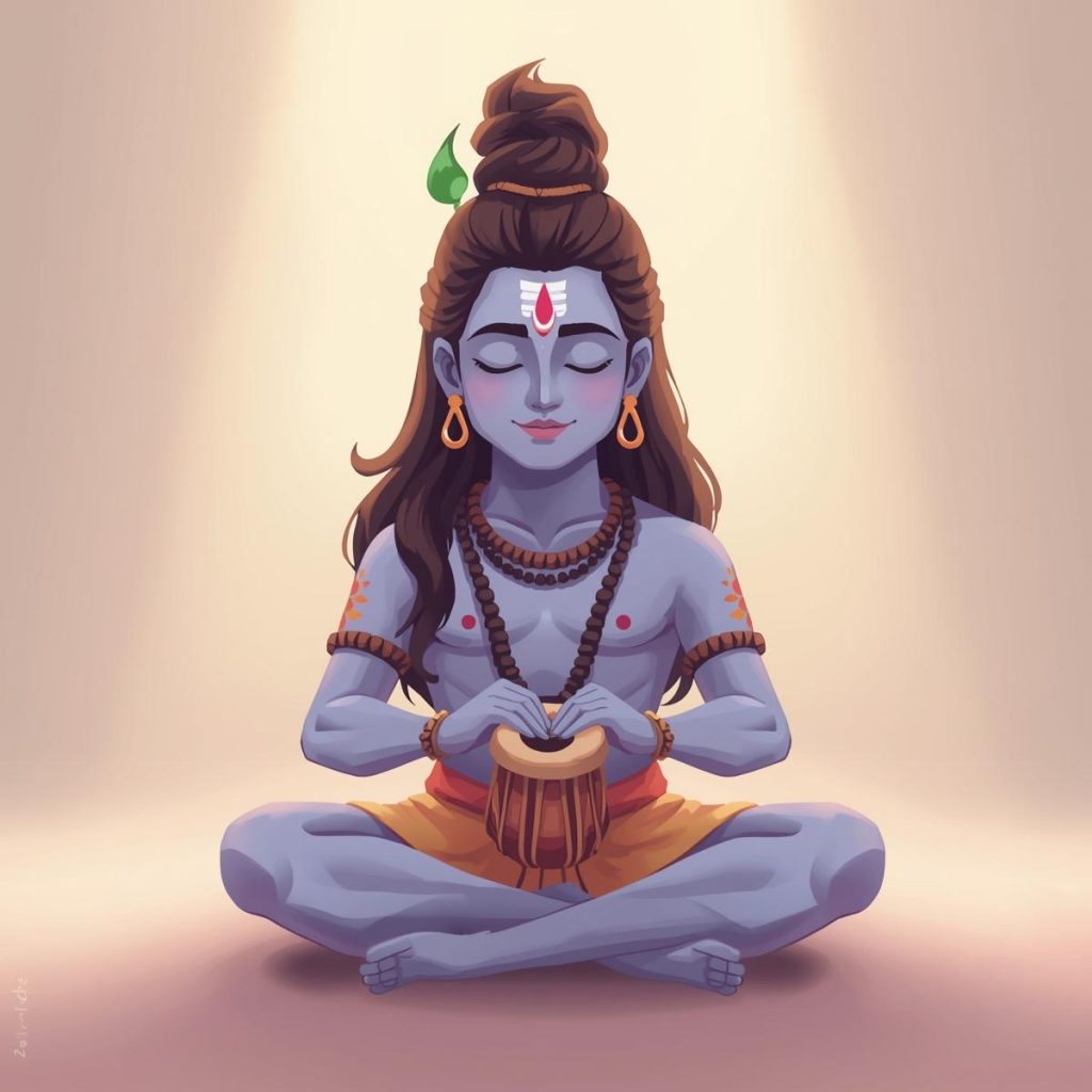 Cartoon Shiva playing damru with a serene expression.