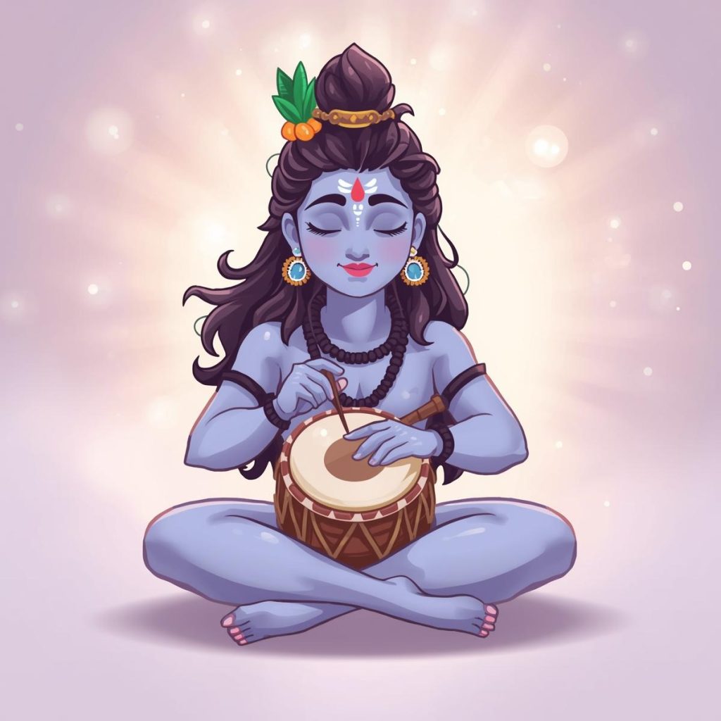 Cartoon Shiva playing damru with a serene expression.
