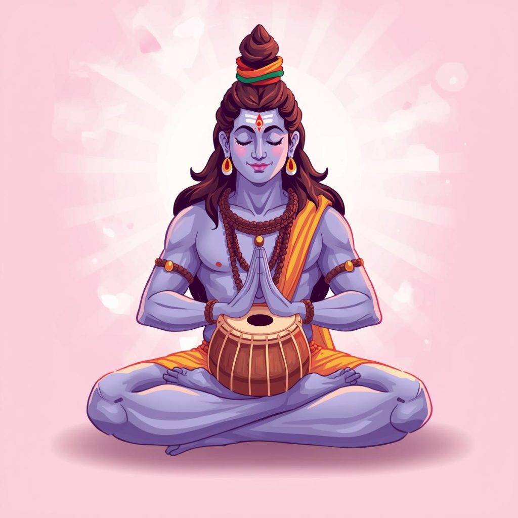 Cartoon Shiva playing damru with a serene expression.