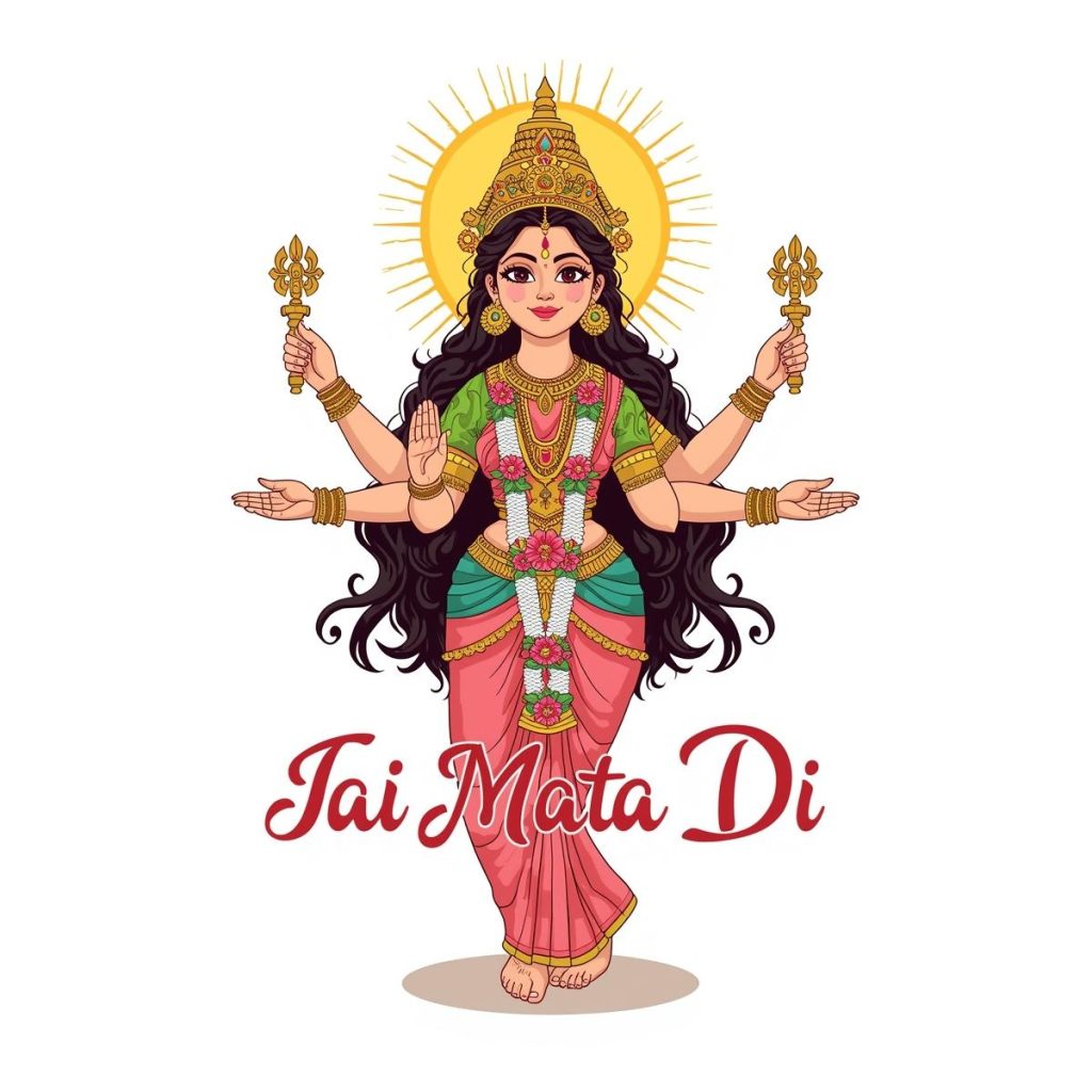 Cartoon Goddess Durga blessing with “Jai Mata Di” calligraphy.