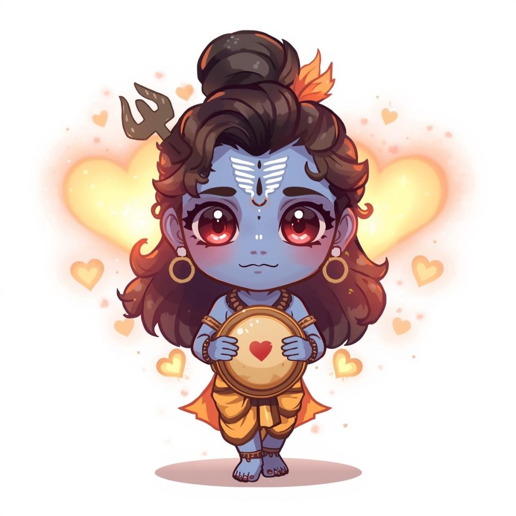 Chibi cartoon Lord Shiva with big eyes holding damru.