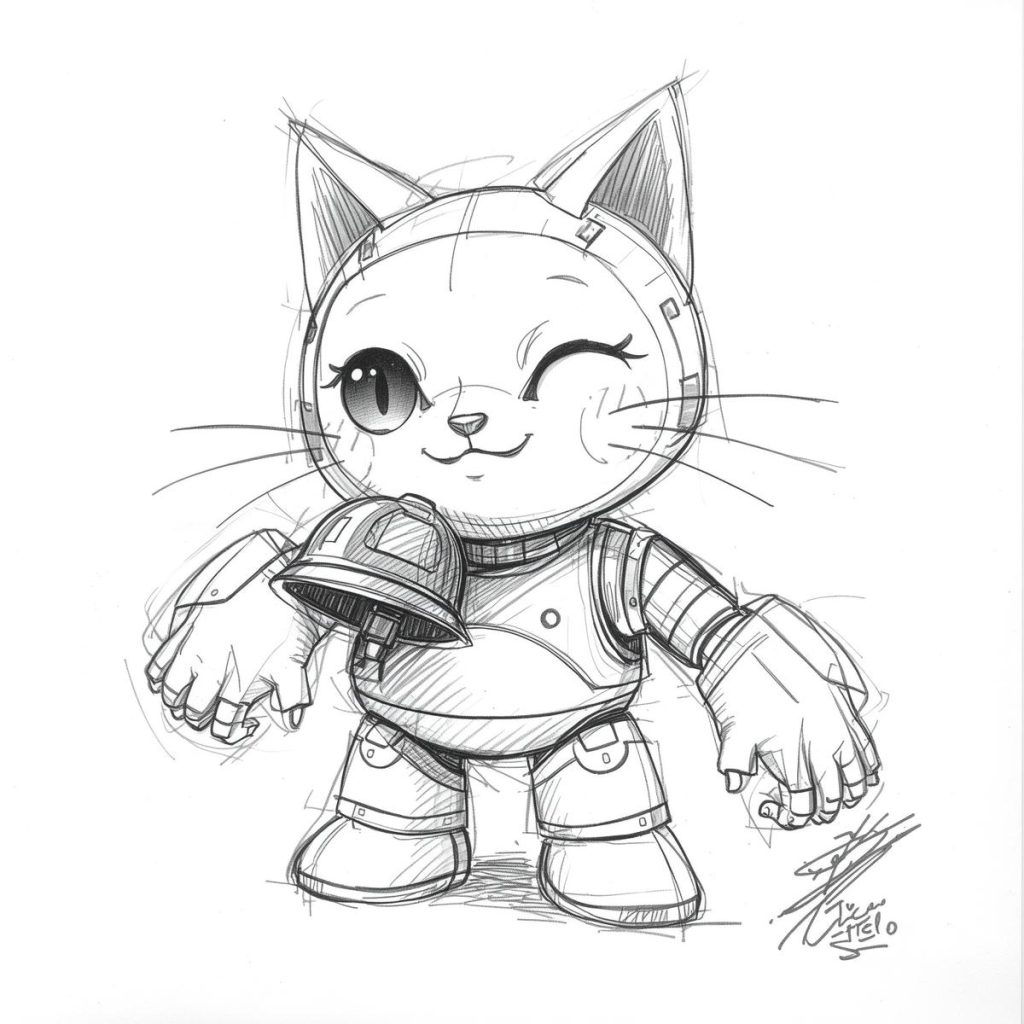 Detailed pencil drawing of Doraemon in a classic pose with a visible bell.