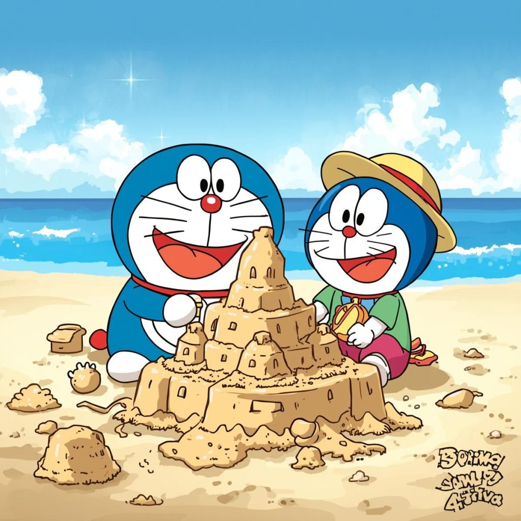 Doraemon and Nobita building a sandcastle at the beach.