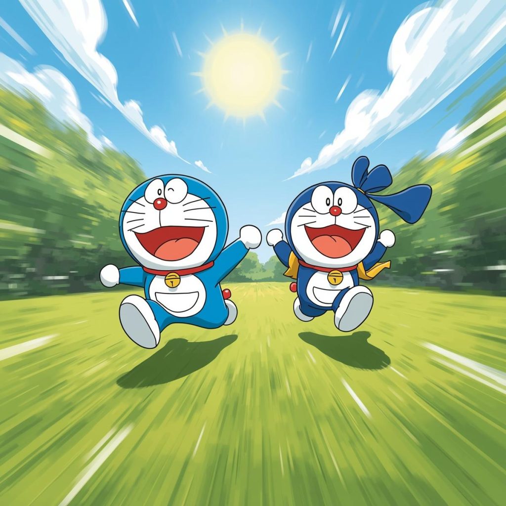 Doraemon and Nobita racing each other in the yard with laughter.