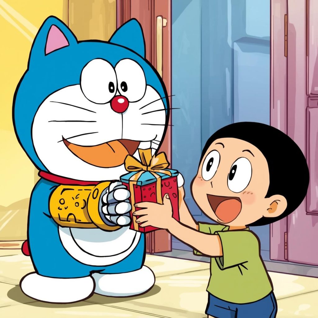 Doraemon giving Nobita a gift from his gadget pocket, with Nobita excited.