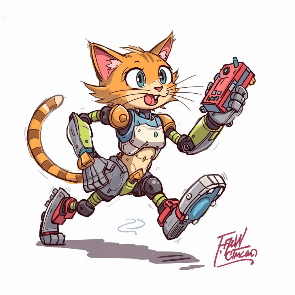 Doraemon running with a gadget in hand, showing energy and motion in a dynamic sketch.