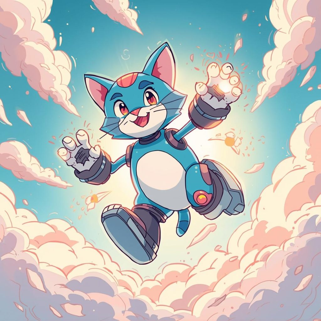 Doraemon soaring in the sky with glowing gadgets and floating clouds.